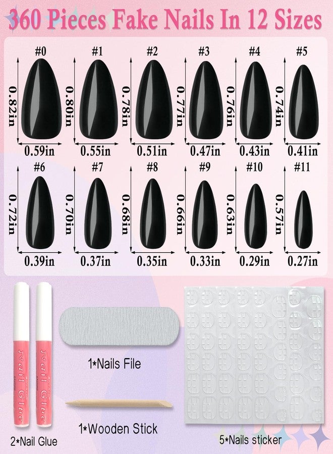 LuckForever 360pc Almond Press on Nails Short Fake Nails Black Glue on Nails XS Short Acrylic Nails Press ons Nail Almond Artificial Fingernails Black False Nails Tips with Nail Glue Adhesive File - Image 2